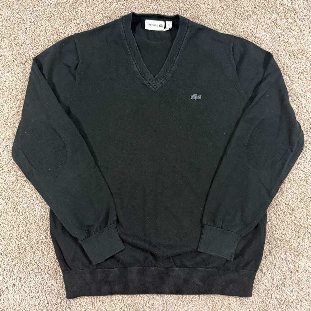 Lacoste Men’s Black V Neck Cotton Sweater Elbow Patch Logo Pullover Size L